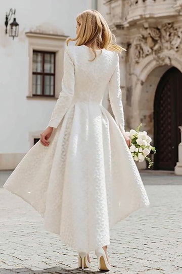 Long Sleeve A Line Ruffled Ivory Engagement Dress